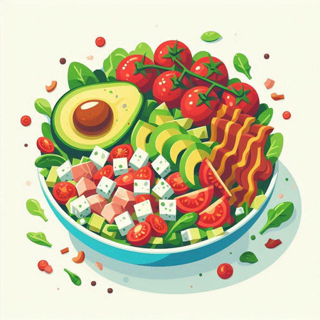 Salad with avocado, tomatoes and feta cheese. Vector illustration.のイラスト素材
