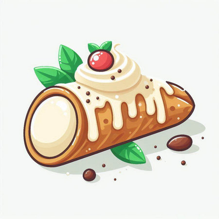 Creamy roll with whipped cream and cherry. Vector illustration.のイラスト素材