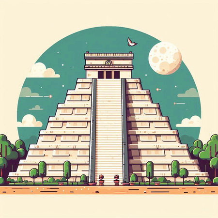 Ancient Mayan pyramid in the park. Vector illustration in flat styleのイラスト素材
