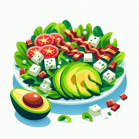 Salad with avocado, cheese, tomato and cucumber. Vector illustration.のイラスト素材
