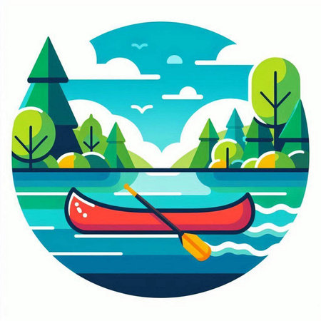Kayak on the lake in the forest. Vector flat illustration.のイラスト素材