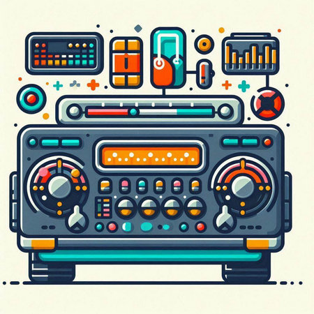 Retro radio player. Colorful vector illustration in flat style.のイラスト素材