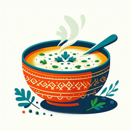 Vector illustration of a bowl of soup with a spoon in it.のイラスト素材