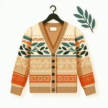 Vector illustration of a warm sweater with a pattern of leaves on a hangerのイラスト素材