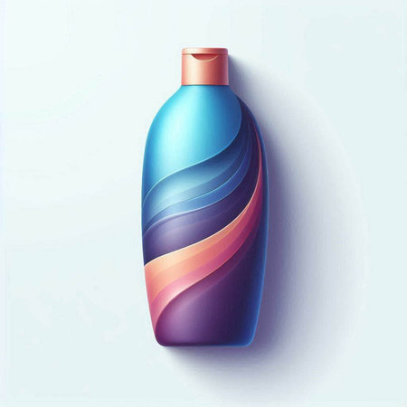 Vector 3d illustration of cosmetic bottle with blue and orange gradient.のイラスト素材