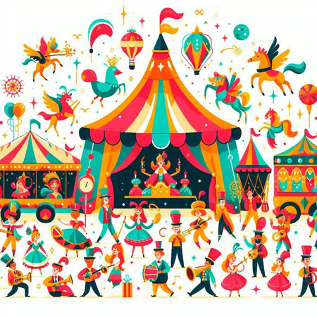 Circus vector illustration with clowns, carnival performers and fairground equipment.のイラスト素材