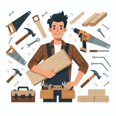 Carpenter with tools. Vector illustration in flat cartoon style.のイラスト素材