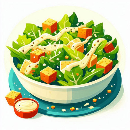 Vegetable salad with tofu cheese and sauce in a bowl. Vector illustration.のイラスト素材