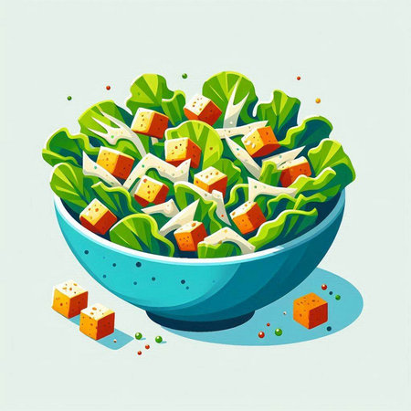 Illustration of a fresh salad in a blue bowl with cheese cubesのイラスト素材