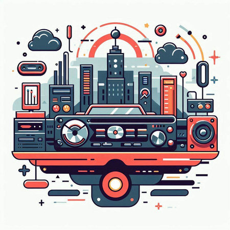 Vector line art illustration of retro radio set in flat linear style.のイラスト素材