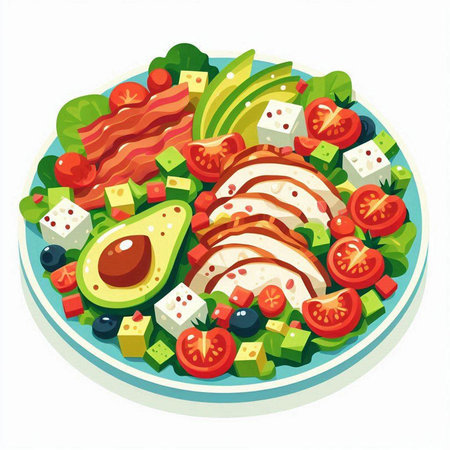 Salad with avocado, tomatoes, cheese and ham. Vector illustration.のイラスト素材