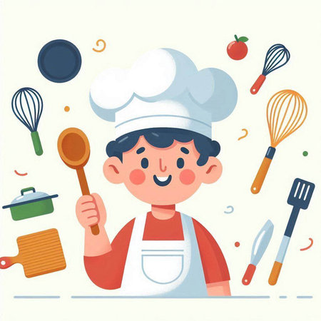 Cute little chef boy with cooking tools. Cartoon vector illustration.のイラスト素材