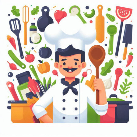 Chef cook with cooking tools. Vector illustration in cartoon style.のイラスト素材