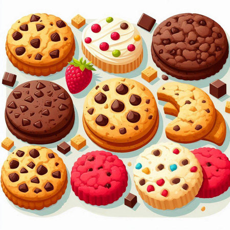 Chocolate chip cookies and other cakes. Vector illustration in cartoon style.のイラスト素材