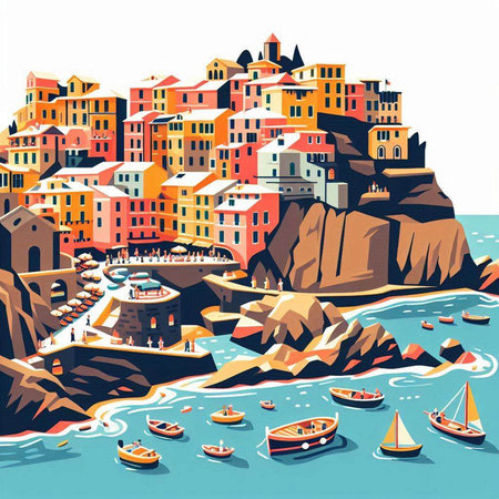 Vector illustration of the town of Riomaggiore in Italyのイラスト素材