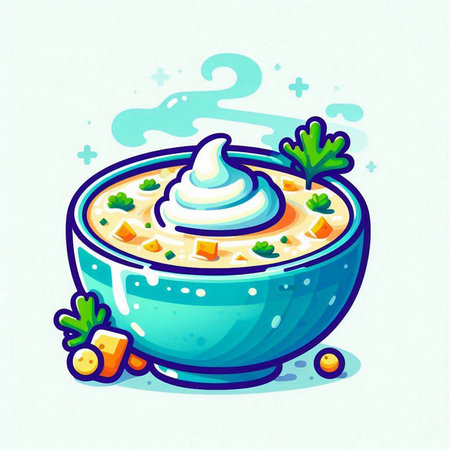 Cream soup in bowl. Vector illustration of soup in cartoon style.のイラスト素材