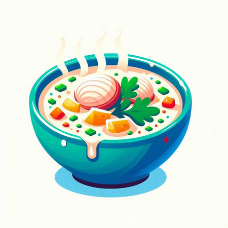 Illustration of a bowl of soup with meat and vegetables. Vector illustration.のイラスト素材