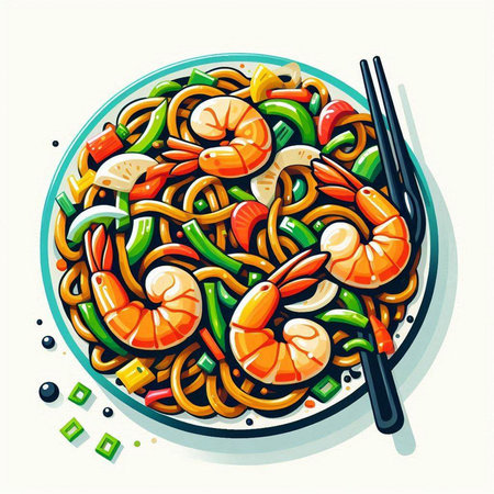 Noodles with shrimps, prawns and vegetables. Vector illustration.のイラスト素材