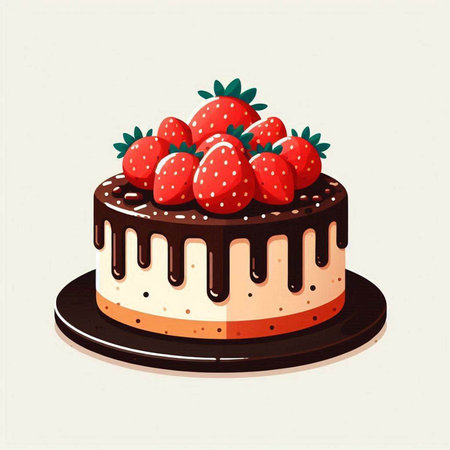 Chocolate cake with strawberries. Vector illustration in a flat style.のイラスト素材