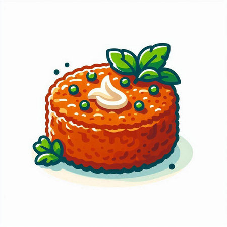Illustration of a piece of cake with cream and mint on a white backgroundのイラスト素材
