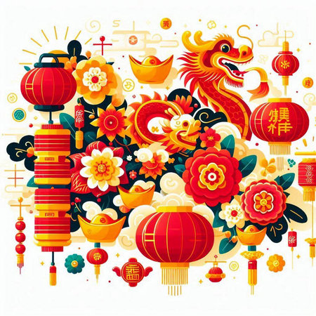 Chinese New Year background with traditional symbols and elements. Vector illustration.のイラスト素材