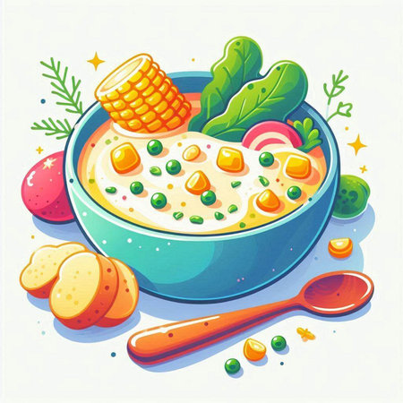 Illustration of bowl of vegetable soup with corn, carrot and peas.のイラスト素材