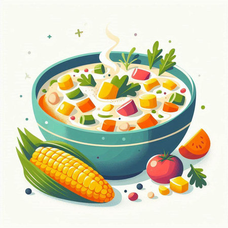 Vegetable soup with corn and carrot in bowl. Vector illustration.のイラスト素材