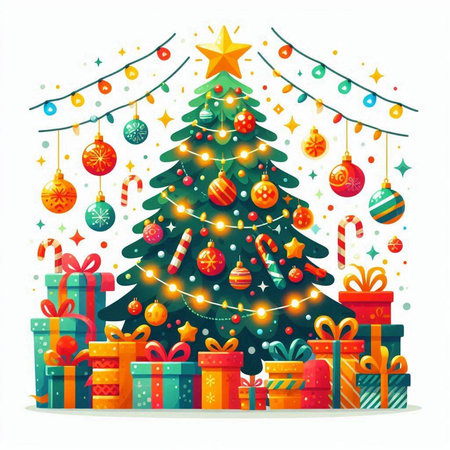 Christmas tree with gifts. Merry Christmas and Happy New Year. Vector illustrationのイラスト素材