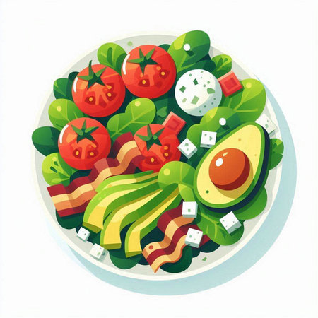 Salad with avocado, tomato and feta cheese. Vector illustration.のイラスト素材