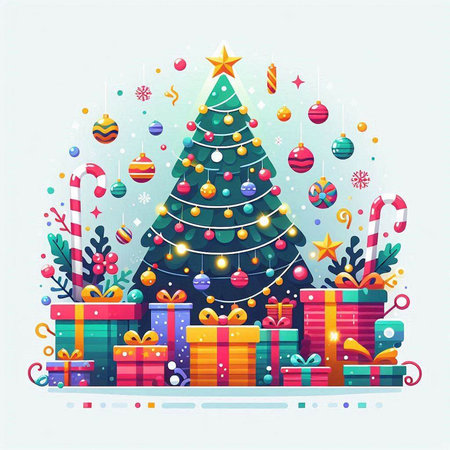 Christmas tree with presents and candy canes in flat style. Vector illustration.のイラスト素材