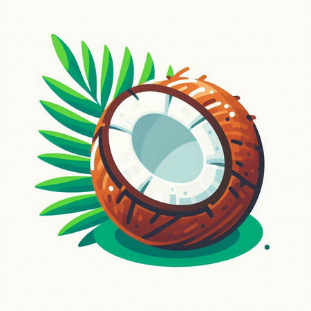 Coconut with leaves on white background. Vector illustration in cartoon style.のイラスト素材