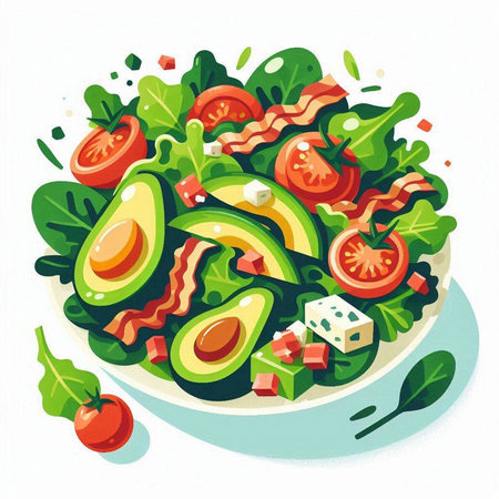 Salad with avocado, tomatoes, cheese and lettuce. Vector illustration.のイラスト素材