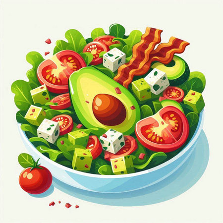 Salad with avocado, tomato, cheese and dices. Vector illustration.のイラスト素材