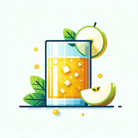 Glass of orange juice with slices of apple and leaves. Vector illustration.のイラスト素材