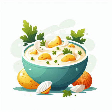Vector illustration of a bowl of potato cream soup with parsley and onionsのイラスト素材