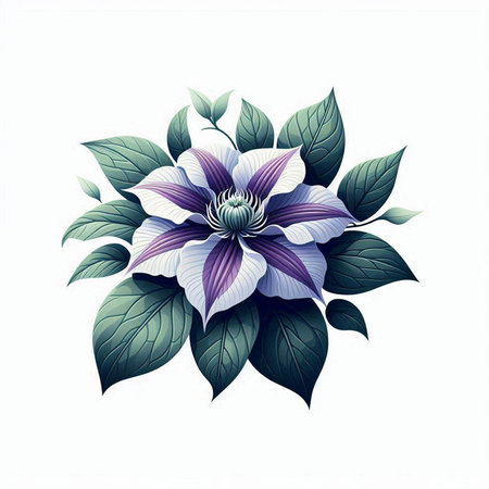 Beautiful blue flower with green leaves isolated on white background. Vector illustration.のイラスト素材