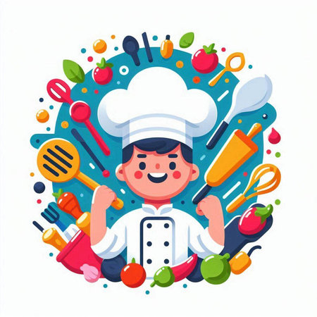 Cute little boy chef in uniform with kitchen utensils. Vector illustrationのイラスト素材