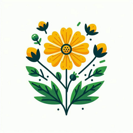Hand drawn vector illustration of a yellow flower with green leaves. Isolated on white background.のイラスト素材