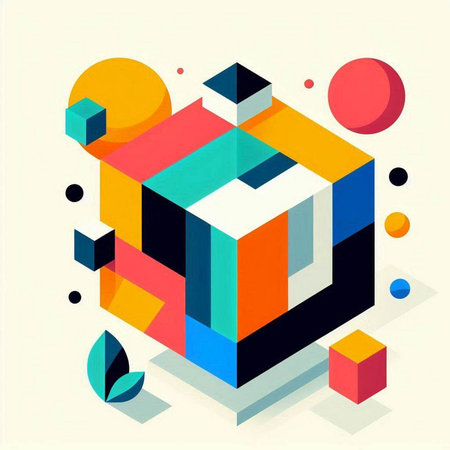 Abstract colorful geometric composition with 3d cubes and figures. Vector illustration.のイラスト素材