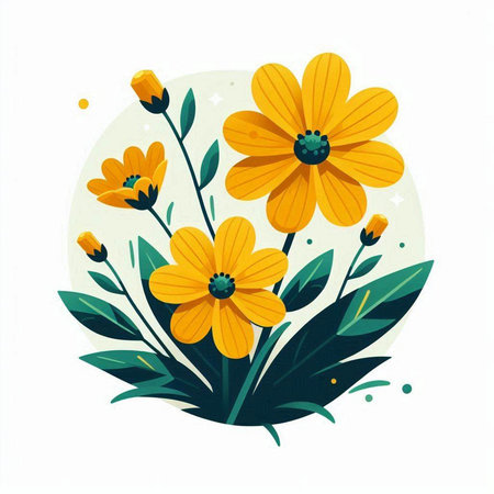 Floral vector card with yellow flowers and leaves. Vector illustration.のイラスト素材