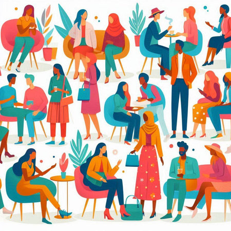 People sitting in cafe and drinking coffee. Flat style vector illustration.のイラスト素材