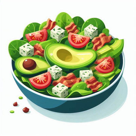 Salad with avocado, feta cheese and tomatoes. Vector illustration.のイラスト素材