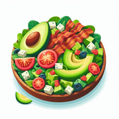 Salad with avocado, tomatoes, olives, cheese and bacon. Vector illustrationのイラスト素材