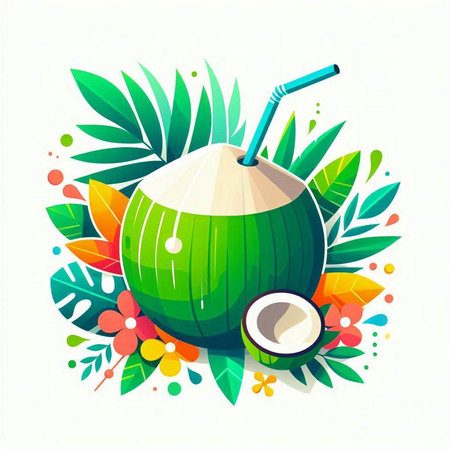Coconut fruit with leaves and drinking straw. Vector illustration.のイラスト素材