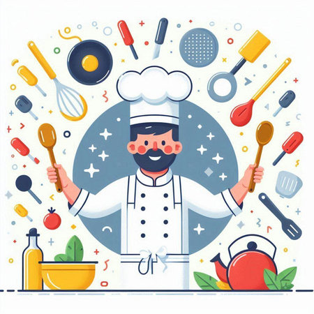 Chef with utensils. Vector illustration in flat style.のイラスト素材