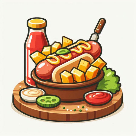 Vector illustration of hot dog on wooden plate with ketchup and mayonnaiseのイラスト素材