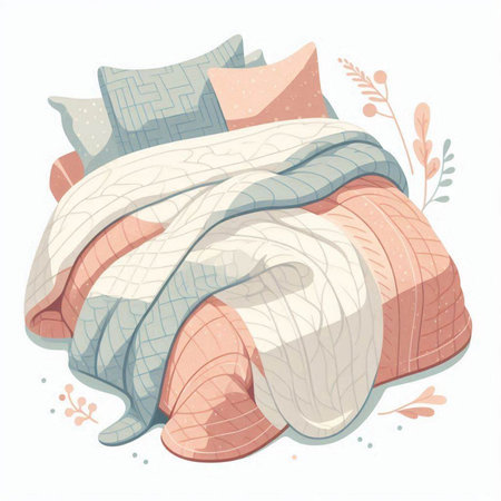 Vector illustration of a cozy bed with pillows and plaidsのイラスト素材