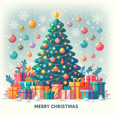 Merry Christmas greeting card with Christmas tree and gifts. Vector illustration.のイラスト素材