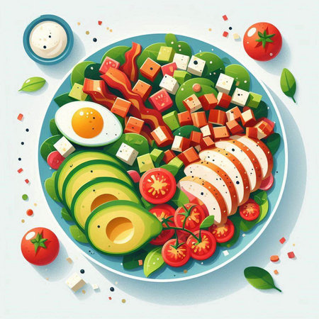 Healthy salad with chicken, avocado and tomato. Vector illustration.のイラスト素材