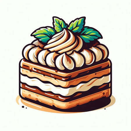 Vector illustration of a piece of cake with cream and mint leaves.のイラスト素材
